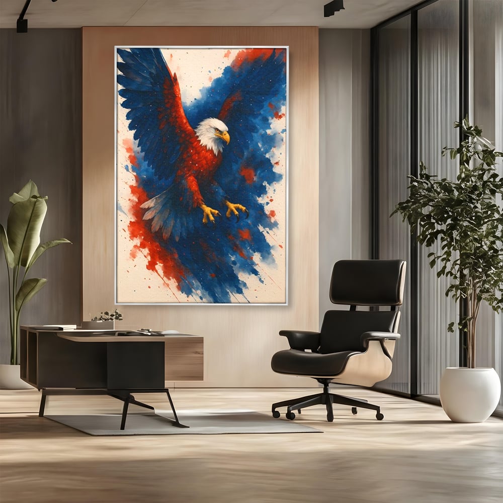 Tablou canvas cu tablou canvas vultur in zbor, in rama de aluminiu argintiu, pe perete intr-un birou